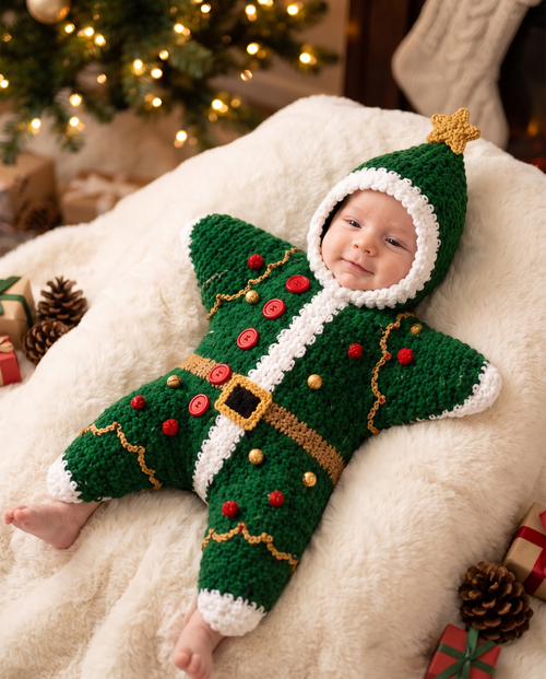 Christmas Tree design — Starlight Baby Romper — Knit Christmas Onesie